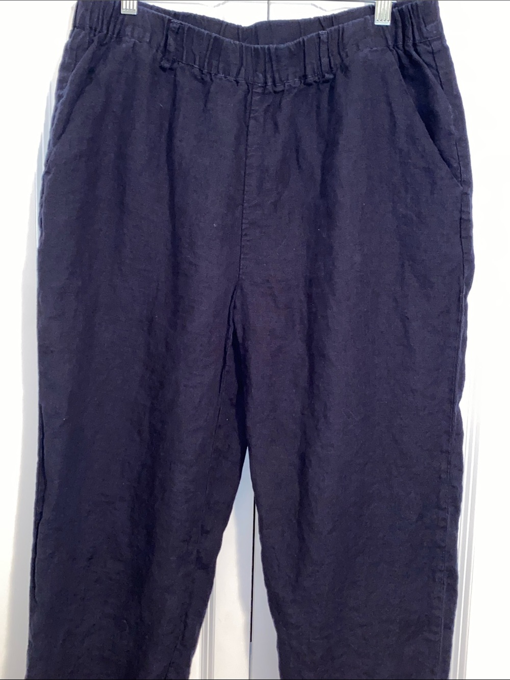 Quince Navy Flax Linen Elastic-Waist Casual Cropped Trousers Size L